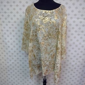 Chico's Travellers Flowy Handkerchief Hem Tunic- Sheer Gold and White